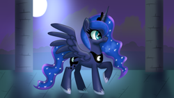 Size: 1920x1080 | Tagged: safe, artist:platinumdrop, imported from derpibooru, princess luna, concave belly, crown, hoof shoes, jewelry, moon, night, peytral, princess shoes, regalia, side view, slender, smiling, solo, thin, walking