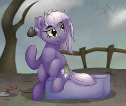 Size: 1830x1530 | Tagged: safe, artist:swasfews, imported from derpibooru, limestone pie, earth pony, pony, crumbs, eating, female, fence, mare, rock farm, sitting, snack, solo, tree