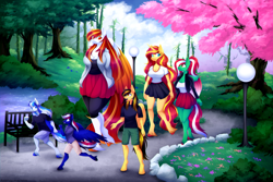 Size: 1800x1200 | Tagged: safe, artist:scarlet-spectrum, imported from derpibooru, sunset shimmer, oc, oc:diamond sun, oc:hawker hurricane, oc:spring wind, oc:thunderbolt sentinel, anthro, pegasus, unguligrade anthro, unicorn, breasts, busty oc, busty sunset shimmer, cleavage, clothes, commission, female, horn, looking at each other, looking at someone, male, miniskirt, size difference, skirt, wings