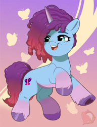 Size: 1600x2080 | Tagged: safe, artist:joaothejohn, imported from derpibooru, butterfly, pony, unicorn, cute, female, floating, g5, gradient background, gradient hooves, happy, horn, mare, misty brightdawn, multicolored hair, open mouth, raised hoof, rebirth misty, smiling, solo