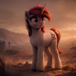 Size: 2048x2048 | Tagged: safe, imported from derpibooru, oc, oc:blackjack, pony, unicorn, fallout equestria, fallout equestria: project horizons, ai content, ai generated, fanfic art, female, generator:easyfluff v11.2, generator:stable diffusion, high res, horn, mare, outdoors, prompter:felixx, smiling, solo, standing, the quality of ai art is frightening, wasteland