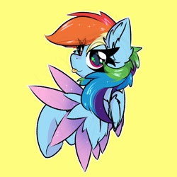 Size: 2000x2000 | Tagged: safe, artist:jubyskylines, imported from derpibooru, rainbow dash, pegasus, pony, :p, bust, colored wings, ear fluff, female, heart, heart eyes, high res, lidded eyes, looking at you, mare, multicolored wings, simple background, solo, tongue out, wingding eyes, wings, yellow background