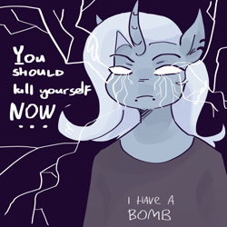 Size: 2048x2048 | Tagged: safe, artist:dmitrymemovznok, imported from ponybooru, trixie, anthro, unicorn, abuse, bust, clothes, ear piercing, frown, high res, meme, piercing, solo, text, you should kill yourself now