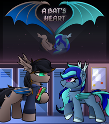 Size: 2700x3085 | Tagged: safe, artist:andaluce, imported from derpibooru, oc, oc only, oc:black night, oc:blackie, oc:moonlight selene, bat pony, pony, chest fluff, clothes, cover art, cute, duo, ear fluff, ear piercing, earring, facial markings, female, heart, high res, jewelry, male, mare, necklace, piercing, school, smiling, stallion, wings