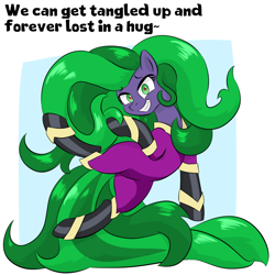 Size: 1000x1000 | Tagged: safe, artist:dendollae, imported from derpibooru, mane-iac, earth pony, pony, bodysuit, clothes, eyelashes, female, grin, looking at you, mare, simple background, smiling, tentacle hair, text