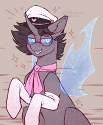 Size: 553x671 | Tagged: safe, artist:fallenvixen, imported from derpibooru, oc, oc only, oc:rosie clockwork, changeling, pony, blue eyes, clothes, crossdressing, ear fluff, feminine stallion, glasses, hair, hat, male, neckerchief, shading, simple background, socks, solo, tongue out, wings