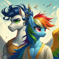 Size: 1024x1024 | Tagged: safe, imported from derpibooru, rainbow dash, soarin', anthro, ai content, ai generated, clothes, cloud, cloudy, colored wings, female, generator:bing image creator, greek clothes, greek mythology, male, prompter:*rainbow dash*, shipping, soarindash, spread wings, straight, sun, wind, wings