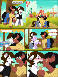 Size: 2048x2728 | Tagged: safe, artist:shallowwin, imported from derpibooru, oc, oc only, oc:benjamin terrance tover, earth pony, pegasus, pony, blushing, carnival, circus, clothes, comic, commission, date, dialogue, ear piercing, feral, food, gay, glasses, high res, ice cream, male, oc x oc, pegasus oc, piercing, shipping, stallion, stallion on stallion, wings