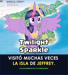 Size: 1080x1182 | Tagged: safe, imported from derpibooru, twilight sparkle, alicorn, pony, crown, jeffrey epstein, jewelry, korea, regalia, spanish, spread wings, text, twilight sparkle (alicorn), wings