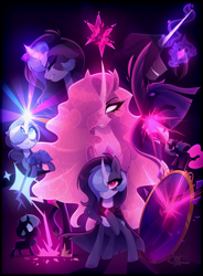 Size: 2587x3515 | Tagged: safe, artist:thewandie, imported from derpibooru, twilight sparkle, oc, oc only, oc:glare cross, alicorn, pony, unicorn, the last problem, alternate hairstyle, angry, cloak, clothes, crying, curved horn, eyes closed, female, filly, flowing mane, foal, glowing, glowing horn, gritted teeth, high res, hoof shoes, horn, jewelry, lock, magic, mare, markings, mirror, older, older twilight, older twilight sparkle (alicorn), princess twilight 2.0, raised hoof, regalia, sad, teeth, twilight sparkle (alicorn), wrecked elements