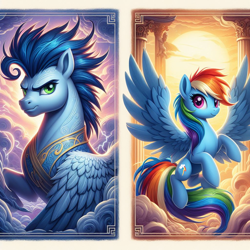 Size: 1024x1024 | Tagged: safe, imported from derpibooru, rainbow dash, soarin', ai content, ai generated, cloud, cloudy, flying, generator:bing image creator, greek mythology, lightning, prompter:*rainbow dash*, sun