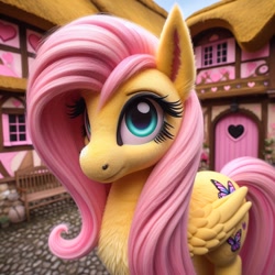 Size: 1024x1024 | Tagged: safe, imported from ponybooru, fluttershy, pegasus, pony, ai content, ai generated, bing, female, fluffy, folded wings, mare, ponyville, semi-realistic, solo, wings
