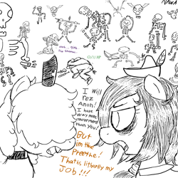 Size: 2000x2000 | Tagged: safe, artist:notawriteranon, imported from ponybooru, oc, oc only, oc:dot matrix, oc:floor bored, oc:goldie mops, human, pony, argument, bone, dungeons and dragons, pen and paper rpg, rpg, skeleton