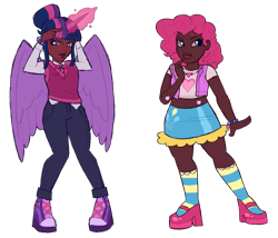 Size: 7000x6000 | Tagged: safe, artist:sheepchops, imported from derpibooru, pinkie pie, sci-twi, twilight sparkle, human, equestria girls, alicorn humanization, alternate hairstyle, belly button, bracelet, clothes, converse, dark skin, denim, duo, female, high heels, horn, horned humanization, humanized, jeans, jewelry, kneesocks, lesbian, midriff, pants, shipping, shirt, shoes, simple background, skirt, socks, striped socks, sweater vest, t-shirt, transparent background, twinkie, winged humanization, wings