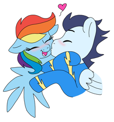 Size: 720x768 | Tagged: safe, artist:dasher666, artist:dimfann, edit, imported from derpibooru, rainbow dash, soarin', pegasus, pony, cheek kiss, clothes, cute, dashabetes, female, kissing, male, shipping, soarindash, straight, uniform, wonderbolts, wonderbolts uniform