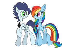 Size: 960x720 | Tagged: safe, artist:dasher666, artist:swirlyquill, edit, imported from derpibooru, rainbow dash, soarin', pegasus, pony, cutie mark accessory, cutie mark necklace, female, jewelry, looking at each other, looking at someone, male, necklace, necktie, shipping, smiling, smiling at each other, soarindash, straight