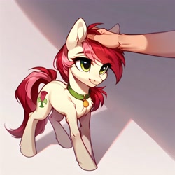 Size: 4096x4096 | Tagged: safe, imported from derpibooru, roseluck, human, pony, ai content, ai generated, behaving like a cat, collar, cute, fluffy, generator:purplesmart.ai, generator:stable diffusion, hand, human on pony petting, offscreen character, offscreen human, pet tag, petting, pony pet, prompter:doom9454, rosepet, standing