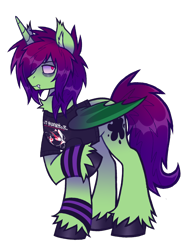 Size: 2050x2745 | Tagged: safe, artist:mxmx fw, imported from derpibooru, oc, oc only, oc:midnight ray, bat pony, bat pony unicorn, hybrid, pony, unicorn, derpibooru community collaboration, 2024 community collab, bat wings, chest fluff, clothes, ear fluff, emo, fangs, folded wings, gloves, hair over one eye, high res, hoof polish, horn, shirt, simple background, solo, transparent background, two toned mane, unshorn fetlocks, wings