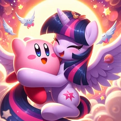 Size: 1024x1024 | Tagged: prompter needed, safe, imported from derpibooru, twilight sparkle, alicorn, ai content, ai generated, crossover, cute, generator:bing image creator, hug, kirby, kirby (series), nintendo, twilight sparkle (alicorn)