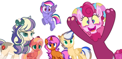 Size: 1024x500 | Tagged: safe, artist:elementbases, artist:pegasister64, imported from derpibooru, oc, oc only, oc:precious, oc:raspberry streudel, oc:rosie quartz, oc:ruby apple, oc:sunburn, oc:vista rush, earth pony, pegasus, pony, unicorn, base used, bow, colored pupils, cute, cute little fangs, fangs, female, freckles, hair bow, horns, interspecies offspring, magical lesbian spawn, male, mare, next generation, offspring, open mouth, open smile, outline, parent:applejack, parent:big macintosh, parent:discord, parent:flash sentry, parent:fluttershy, parent:pinkie pie, parent:rainbow dash, parent:rarity, parent:sunset shimmer, parent:twilight sparkle, parents:discopie, parents:flashimmer, parents:fluttermac, parents:rarijack, parents:twidash, simple background, smiling, stallion, transparent background, white outline