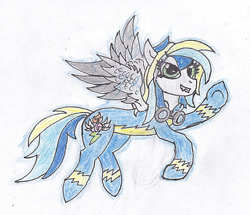 Size: 750x646 | Tagged: safe, artist:dalirpl, imported from derpibooru, oc, oc:bright flake, pegasus, pony, clothes, female, flying, goggles, looking at you, mare, pegasus oc, smiling, smiling at you, solo, traditional art, uniform, wings, wonderbolts uniform