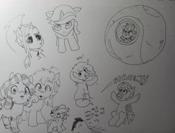 Size: 2048x1554 | Tagged: safe, artist:pony quarantine, imported from derpibooru, oc, oc only, oc:apogee, oc:dyx, oc:filly anon, oc:nyx, oc:zala, alicorn, earth pony, pegasus, pony, unicorn, baseball cap, butt, cap, dragon ball, dragon ball z, eyes on the prize, female, filly, foal, freckles, grayscale, hat, looking at you, looking back, looking back at you, monochrome, nervous sweat, pen drawing, plot, scouter, space pod, spaceship, sweat, traditional art, waving, waving at you