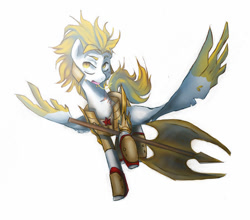 Size: 750x661 | Tagged: safe, artist:nati789, imported from derpibooru, oc, oc only, oc:thunder roar, pegasus, action pose, armor, flying, male, pegasus oc, simple background, solo, white background, wings