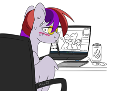 Size: 3100x2300 | Tagged: safe, artist:xwosya, imported from derpibooru, oc, oc only, oc:xwosya, pegasus, airpods, blushing, breaking the fourth wall, chair, colored, colored sketch, computer, confused, desk, drawing, drawing tablet, drink, earbuds, energy drink, female, glasses, high res, kissing, laptop computer, looking at you, pegasus oc, simple background, sitting, sketch, solo, stylus, wacom, white background, wings