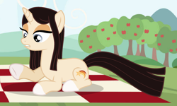 Size: 1280x766 | Tagged: safe, artist:cindystarlight, imported from derpibooru, oc, oc only, oc:frankie, pony, unicorn, apple, apple tree, base used, female, food, lying down, mare, picnic blanket, prone, solo, tree