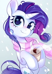 Size: 904x1280 | Tagged: safe, artist:anotherdeadrat, imported from derpibooru, rarity, pony, unicorn, clothes, coffee, coffee cup, cup, female, horn, looking at you, mare, scarf, smiling, smiling at you, solo, striped scarf