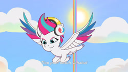 Size: 3072x1727 | Tagged: safe, imported from derpibooru, screencap, zipp storm, pegasus, pony, spoiler:g5, spoiler:my little pony: tell your tale, spoiler:tyts02e01, female, flying, g5, headphones, icy prints, indonesian, mare, my little pony: tell your tale, smiling, solo, spread wings, subtitles, wings