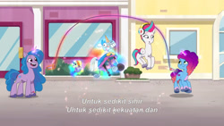 Size: 3072x1727 | Tagged: safe, imported from derpibooru, screencap, izzy moonbow, zipp storm, pegasus, pony, unicorn, spoiler:g5, spoiler:my little pony: tell your tale, spoiler:tyts02e01, :o, eyebrows, female, g5, headphones, icy prints, indonesian, jump rope, madame taffytail, magic, mare, misty brightdawn, my little pony: tell your tale, open mouth, open smile, raised eyebrow, rebirth misty, señor butterscotch, smiling, telekinesis