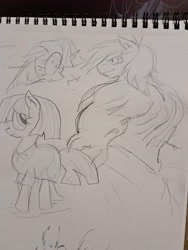 Size: 3468x4624 | Tagged: safe, artist:notsafeforsanity, imported from derpibooru, big macintosh, twilight sparkle, oc, oc:jane duet, anthro, earth pony, unicorn, buff, monochrome, muscles, sketch, traditional art