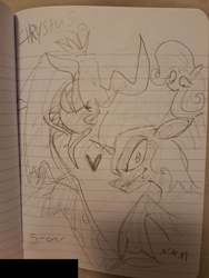 Size: 3468x4624 | Tagged: safe, artist:notsafeforsanity, imported from derpibooru, fluttershy, nightmare moon, queen chrysalis, alicorn, changeling, changeling queen, pegasus, female, lined paper, monochrome, shipping, sketch