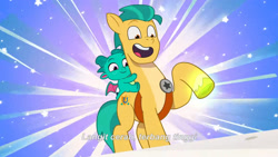 Size: 3072x1727 | Tagged: safe, imported from derpibooru, screencap, hitch trailblazer, dragon, earth pony, pony, spoiler:g5, spoiler:my little pony: tell your tale, spoiler:tyts02e01, baby, baby dragon, duo, duo male, earth pony magic, g5, icy prints, magic, male, my little pony: tell your tale, open mouth, open smile, papa hitch, smiling, sparky sparkeroni, stallion, subtitles