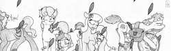 Size: 2272x684 | Tagged: safe, artist:perpendicular white, imported from derpibooru, daisy, flower wishes, lily, lily valley, pokey pierce, roseluck, oc, oc:prancy palate, pony, series:rubber flood, assimilation, bicycle, delivery pony, dialogue, feather, flower, flower in hair, implied rainbow dash, rubber drone, shrunken pupils, simple background, traditional art, white background