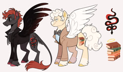 Size: 1280x758 | Tagged: safe, artist:wanderingpegasus, imported from derpibooru, angel pony, demon, demon pony, original species, pegasus, pony, angel, anthony j. crowley, aziraphale, clothes, crossover, duo, good omens, leonine tail, male, ponified, simple background, stallion, tail