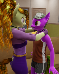 Size: 1080x1350 | Tagged: safe, artist:stellarator, imported from derpibooru, adagio dazzle, oc, oc:peach cobbler, oc:smoothie, anthro, unguligrade anthro, comic:we will be adored, comic:we will be adored part 44, 3d, blender, blender cycles, collar, cycles render, looking at each other, looking at someone, not sfm