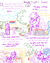 Size: 4779x6013 | Tagged: safe, artist:adorkabletwilightandfriends, imported from derpibooru, minuette, spike, twilight sparkle, oc, alicorn, comic:adorkable twilight and friends, adorkable, adorkable twilight, automobile, car, cloud, comic, costco, cute, dork, drink, fort vanhoover, funny, happy, humor, kayak, parking lot, rear view, sale, sample, shopping, shopping cart, shoving, slice of life, smiling, store, toilet paper, trunk, twilight sparkle (alicorn)