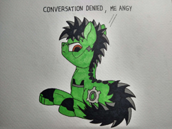 Size: 4000x3000 | Tagged: safe, artist:zocidem, imported from derpibooru, oc, oc:wrench, earth pony, pony, angry, augmented, drawing, looking at you, lying down, male, no shading, simple background, solo, speech bubble, traditional art