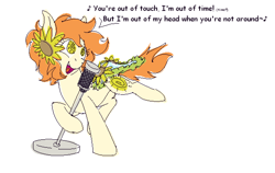 Size: 1208x762 | Tagged: safe, artist:skookz, imported from derpibooru, oc, oc only, oc:thursday, earth pony, pony, earth pony oc, female, flower, flower in hair, hall & oates, hoof hold, leg hold, looking away, looking up, mare, microphone, microphone stand, open mouth, out of touch, raised leg, simple background, singing, smiling, solo, song reference, speech bubble, sunflower, turned head, weekday ponies, white background, wingding eyes