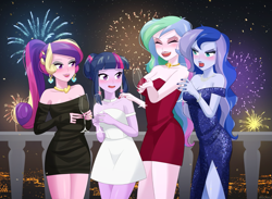 Size: 1125x825 | Tagged: safe, alternate version, artist:riouku, imported from derpibooru, princess cadance, princess celestia, princess luna, twilight sparkle, human, equestria girls, bare shoulders, bedroom eyes, blushing, choker, clothes, cup, dean cadance, dress, drunk, drunklestia, ear piercing, earring, eyeshadow, female, fireworks, group, happy new year, happy new year 2024, holiday, jewelry, lipstick, makeup, nail polish, nervous, open mouth, piercing, principal celestia, smiling, vice principal luna