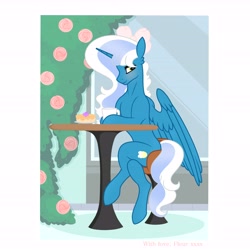 Size: 6890x6890 | Tagged: safe, artist:riofluttershy, imported from derpibooru, oc, oc only, oc:fleurbelle, alicorn, semi-anthro, alicorn oc, blushing, bow, cake, chair, coffee, coffee mug, concave belly, crossed legs, female, flower, food, hair bow, horn, large wings, mare, mug, partially open wings, ponies sitting like humans, sitting, slender, smiling, solo, sternocleidomastoid, table, thin, window, wings, yellow eyes