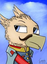 Size: 1248x1680 | Tagged: safe, artist:carolus rex, imported from derpibooru, oc, oc only, oc:grover vii, griffon, equestria at war mod, bust, clothes, equestria rises still (equestria at war submod), facial hair, gradient background, male, medal, moustache, portrait, uniform