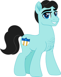 Size: 1442x1800 | Tagged: safe, artist:cloudy glow, imported from derpibooru, earth pony, pony, arthur kenzie, escutcheon, handsome, male, scar, simple background, smiling, solo, stallion, transparent background