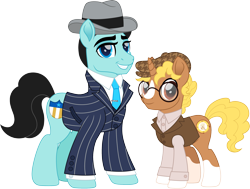 Size: 2384x1800 | Tagged: safe, artist:cloudy glow, imported from derpibooru, earth pony, unicorn, arthur kenzie, clothes, dressed, duo, duo male, glasses, handsome, hat, male, necktie, rory brodigan, simple background, smiling, stallion, suit, transparent background