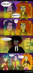 Size: 683x1497 | Tagged: safe, artist:jenna56, imported from derpibooru, adagio dazzle, aria blaze, sonata dusk, comic:equestria world (jenna56), 4 panel comic, comic, dialogue, female, male, the dazzlings