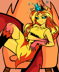 Size: 900x1100 | Tagged: safe, artist:rileyav, imported from derpibooru, sunset shimmer, demon, equestria girls, bat wings, boots, clothes, crown, jewelry, looking at you, regalia, shoes, sitting, smiling, solo, sunset satan, throne, wings