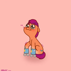 Size: 2480x2480 | Tagged: safe, artist:starburstuwu, imported from derpibooru, sunny starscout, earth pony, pony, crying, cute, floppy ears, g5, high res, injured, learning, pink background, roller skates, simple background, skates, sobbing, sunnybetes, tears of pain, teary eyes