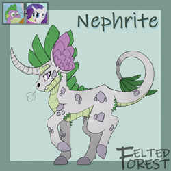 Size: 2050x2050 | Tagged: safe, artist:feltedforestart, imported from derpibooru, rarity, spike, oc, oc:nephrite, dracony, dragon, hybrid, pony, unicorn, curved horn, female, high res, horn, interspecies offspring, long horn, male, offspring, older, older spike, parent:rarity, parent:spike, parents:sparity, screencap reference, shipping, signature, solo, sparity, straight